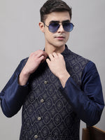 Thumbnail for Jompers Men's Navy Blue Solid Kurta Pyjama with Silver Woven Design Nehru Jacket - Distacart
