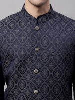 Thumbnail for Jompers Men's Navy Blue Solid Kurta Pyjama with Silver Woven Design Nehru Jacket - Distacart