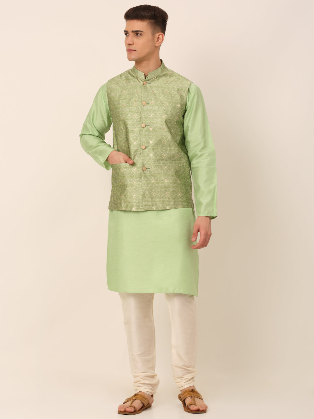 Jompers Men's Woven Design Nehru Jacket and Kurta Pyjama Set - Pista - Distacart