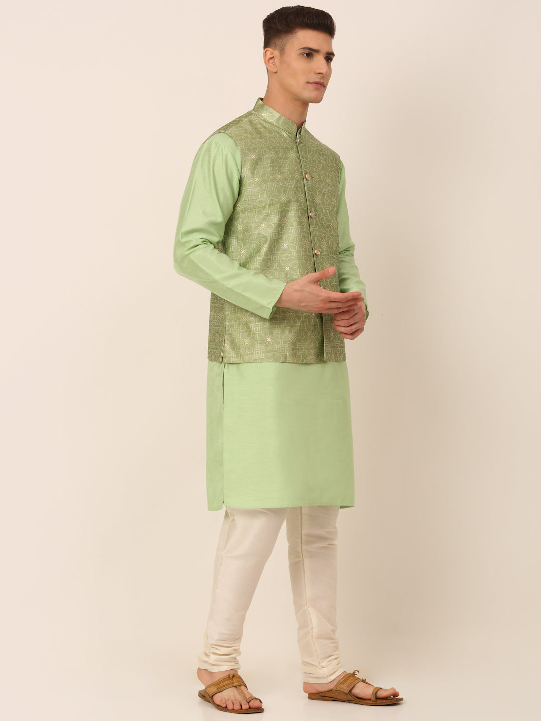 Jompers Men's Woven Design Nehru Jacket and Kurta Pyjama Set - Pista - Distacart