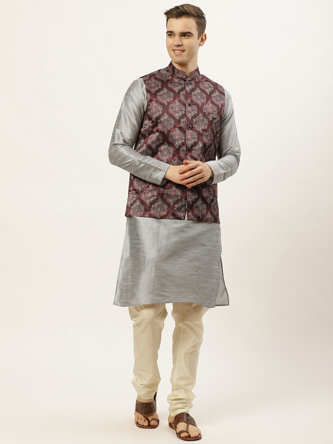 Jompers Men's Printed Nehru Jacket and Kurta Pyjama Set - Maroon - Distacart