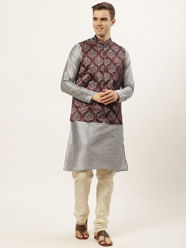 Jompers Men's Printed Nehru Jacket and Kurta Pyjama Set - Maroon - Distacart