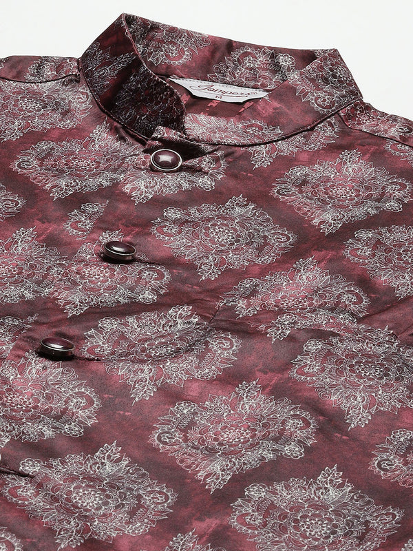 Jompers Men's Printed Nehru Jacket and Kurta Pyjama Set - Maroon - Distacart