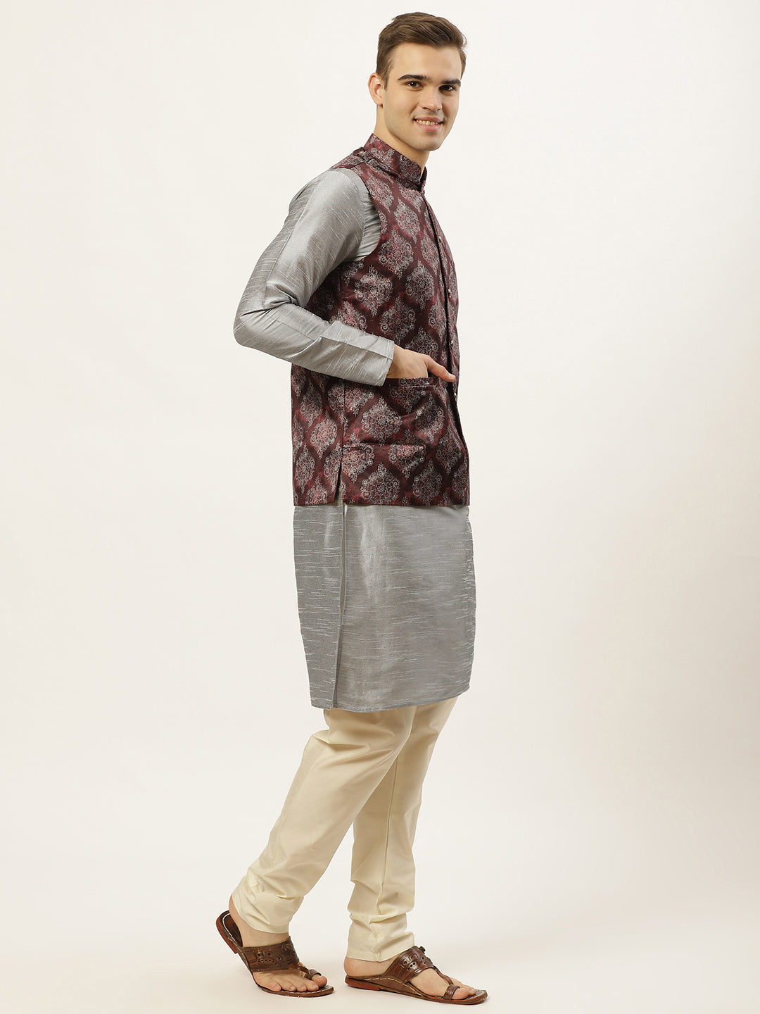 Jompers Men's Printed Nehru Jacket and Kurta Pyjama Set - Maroon - Distacart