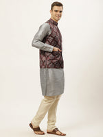 Thumbnail for Jompers Men's Printed Nehru Jacket and Kurta Pyjama Set - Maroon - Distacart