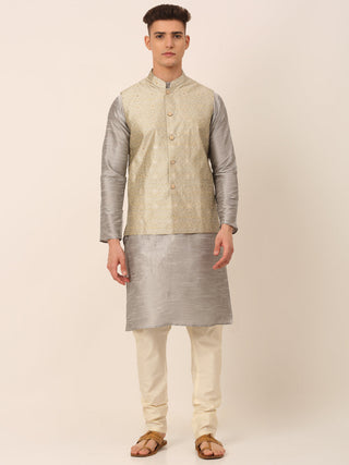Jompers Men's Woven Design Nehru Jacket and Kurta Pyjama Set - Beige - Distacart