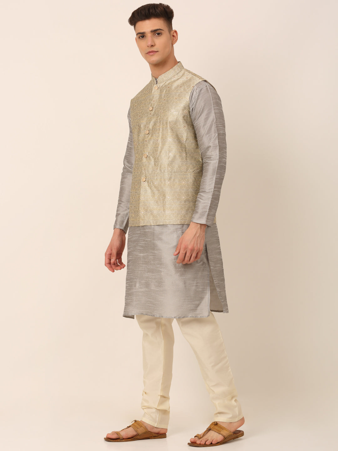 Jompers Men's Woven Design Nehru Jacket and Kurta Pyjama Set - Beige - Distacart