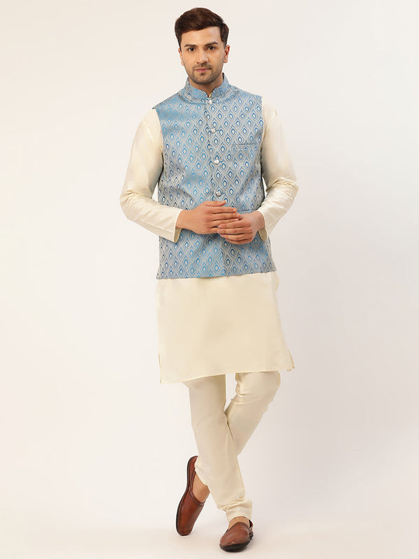Jompers Men's Woven Design Nehru Jacket and Kurta Pyjama Set - Sky Blue - Distacart