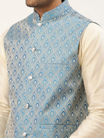 Thumbnail for Jompers Men's Woven Design Nehru Jacket and Kurta Pyjama Set - Sky Blue - Distacart