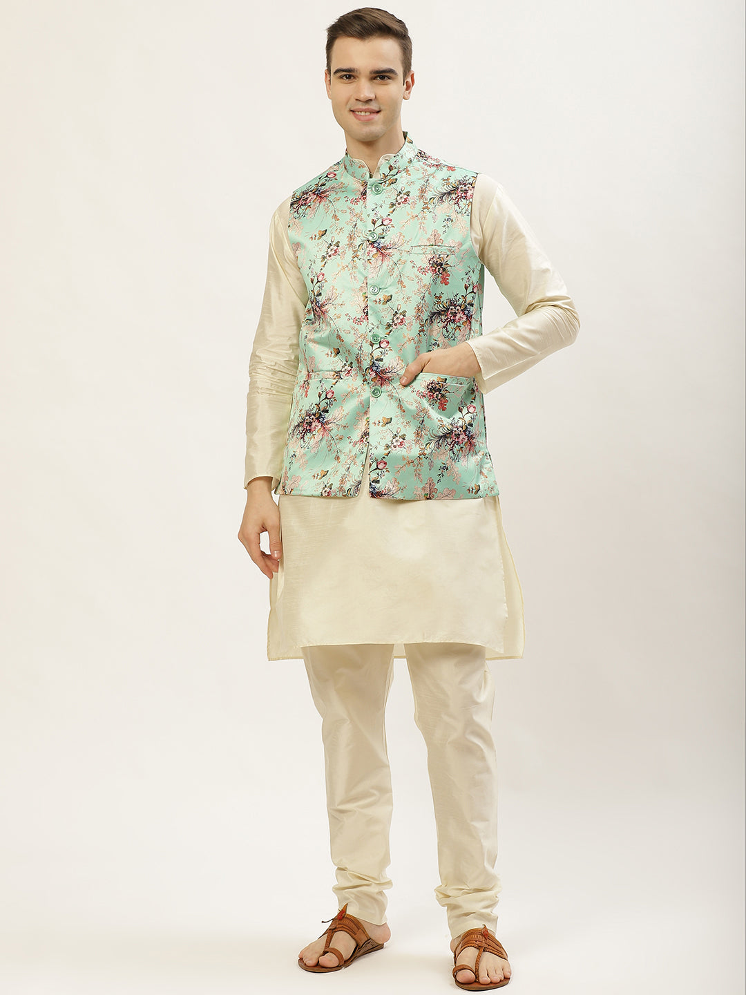Jompers Men's Floral Printed Nehru Jacket and Kurta Pyjama Set - Lime - Distacart