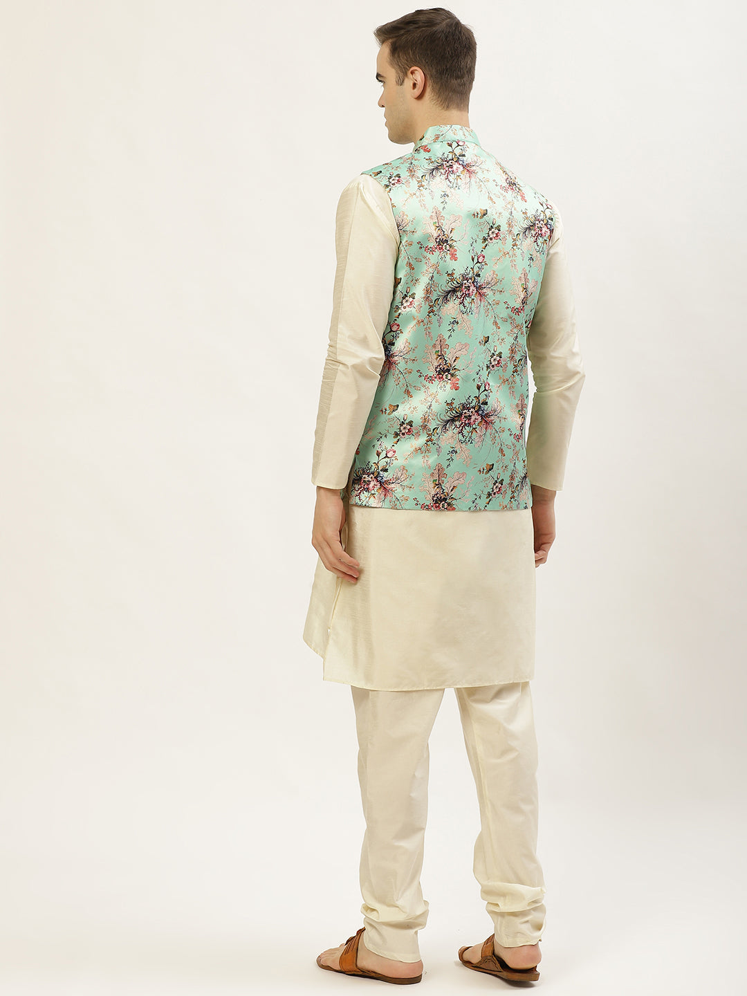 Jompers Men's Floral Printed Nehru Jacket and Kurta Pyjama Set - Lime - Distacart