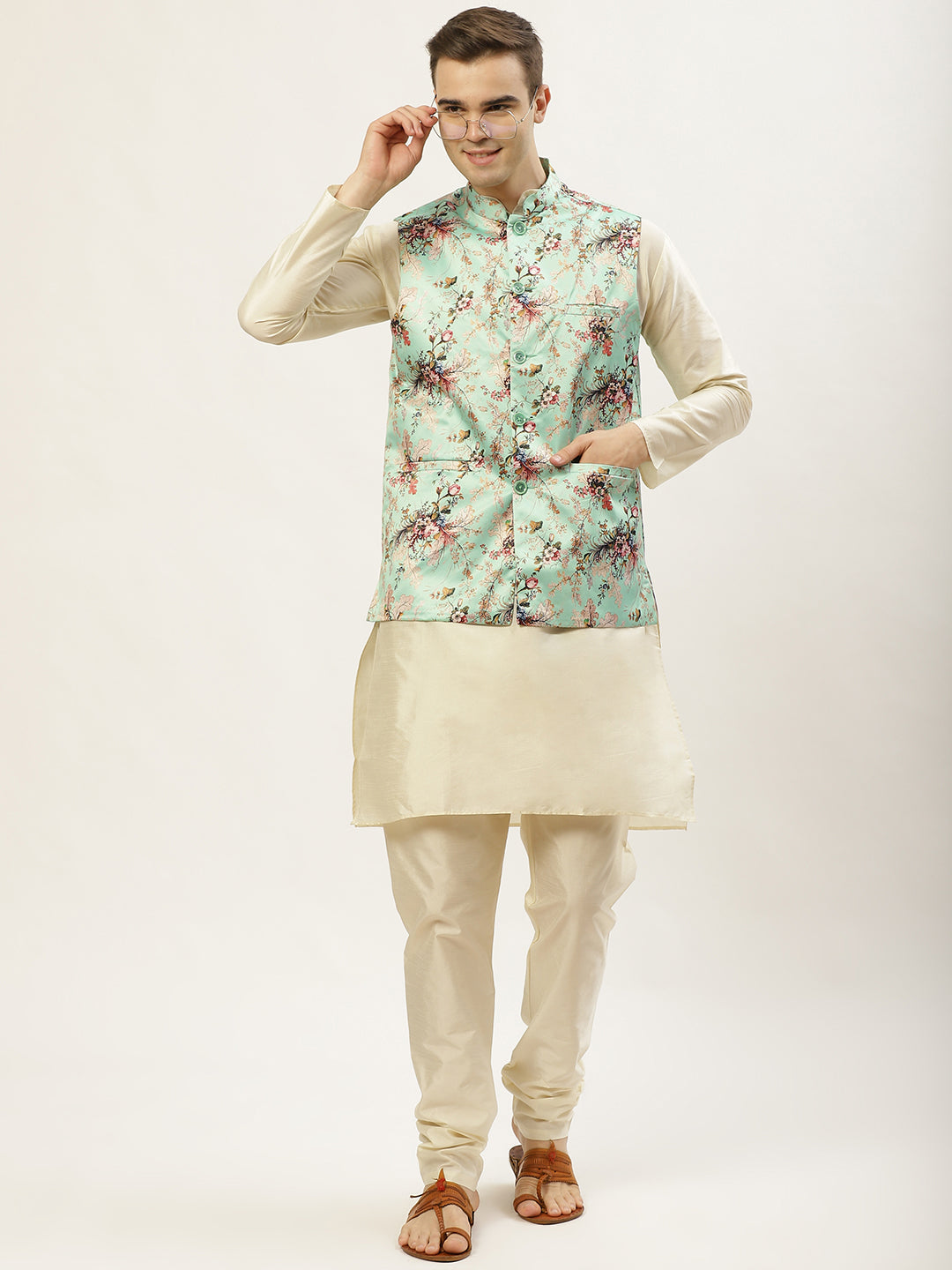 Jompers Men's Floral Printed Nehru Jacket and Kurta Pyjama Set - Lime - Distacart