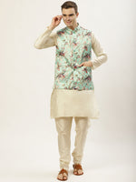 Thumbnail for Jompers Men's Floral Printed Nehru Jacket and Kurta Pyjama Set - Lime - Distacart