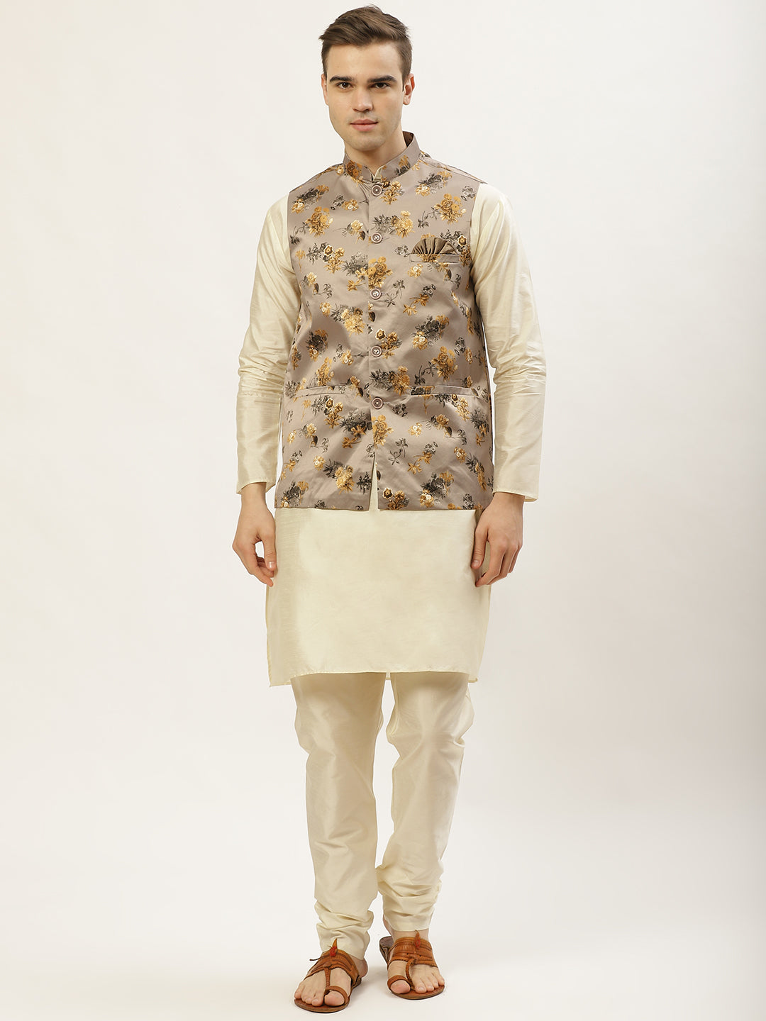Jompers Men's Floral Printed Nehru Jacket and Kurta Pyjama Set - Grey - Distacart