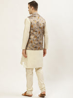 Thumbnail for Jompers Men's Floral Printed Nehru Jacket and Kurta Pyjama Set - Grey - Distacart