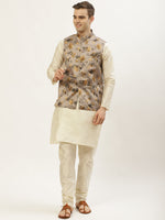 Thumbnail for Jompers Men's Floral Printed Nehru Jacket and Kurta Pyjama Set - Grey - Distacart