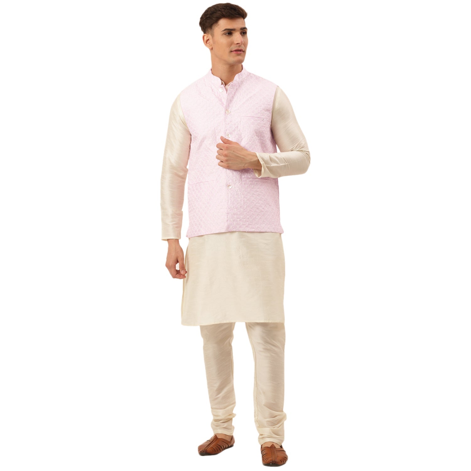 Jompers Men's Woven Design Nehru Jacket and Kurta Pyjama Set - Pink - Distacart