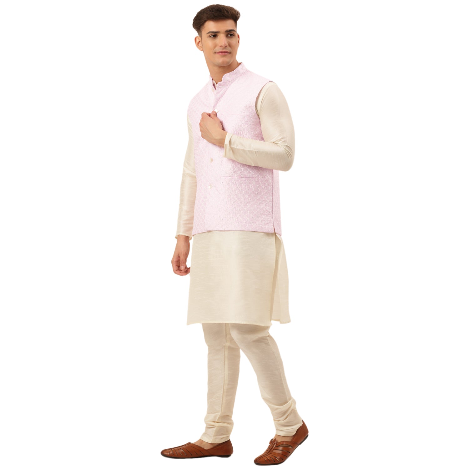 Jompers Men's Woven Design Nehru Jacket and Kurta Pyjama Set - Pink - Distacart