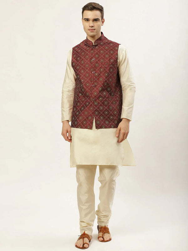 Jompers Men's Printed Nehru Jacket and Kurta Pyjama Set - Maroon - Distacart