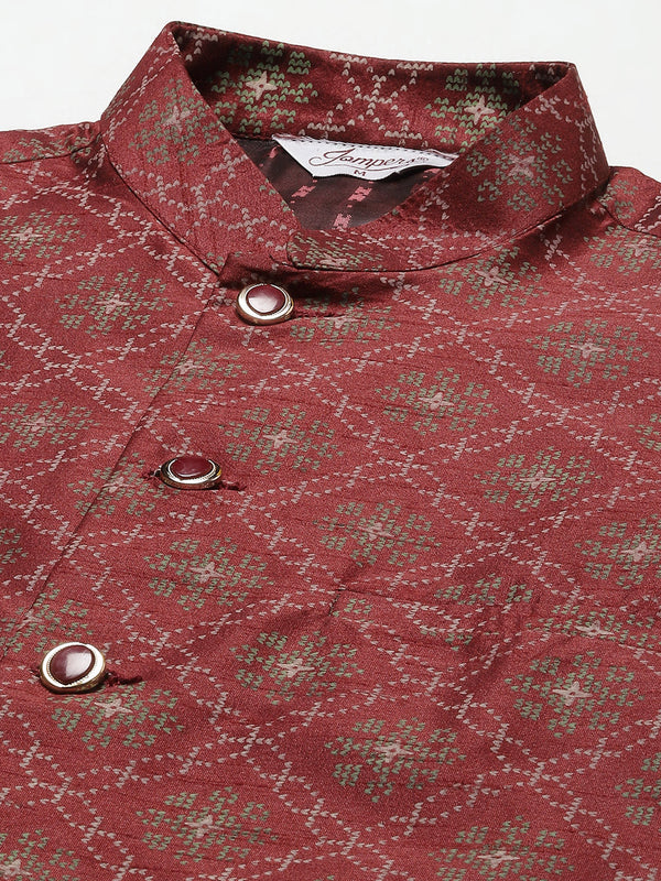 Jompers Men's Printed Nehru Jacket and Kurta Pyjama Set - Maroon - Distacart