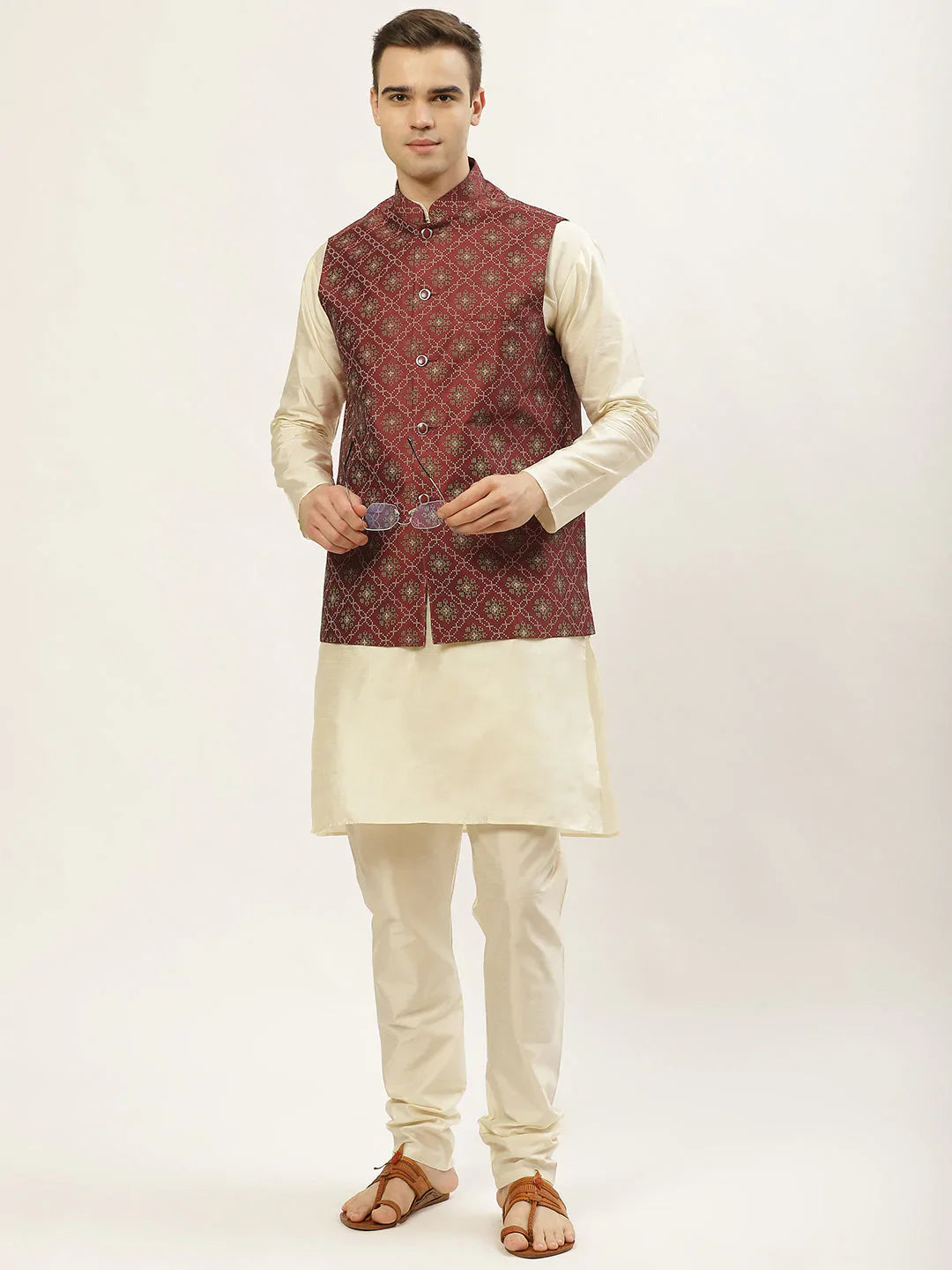 Jompers Men's Printed Nehru Jacket and Kurta Pyjama Set - Maroon - Distacart