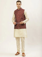 Thumbnail for Jompers Men's Printed Nehru Jacket and Kurta Pyjama Set - Maroon - Distacart
