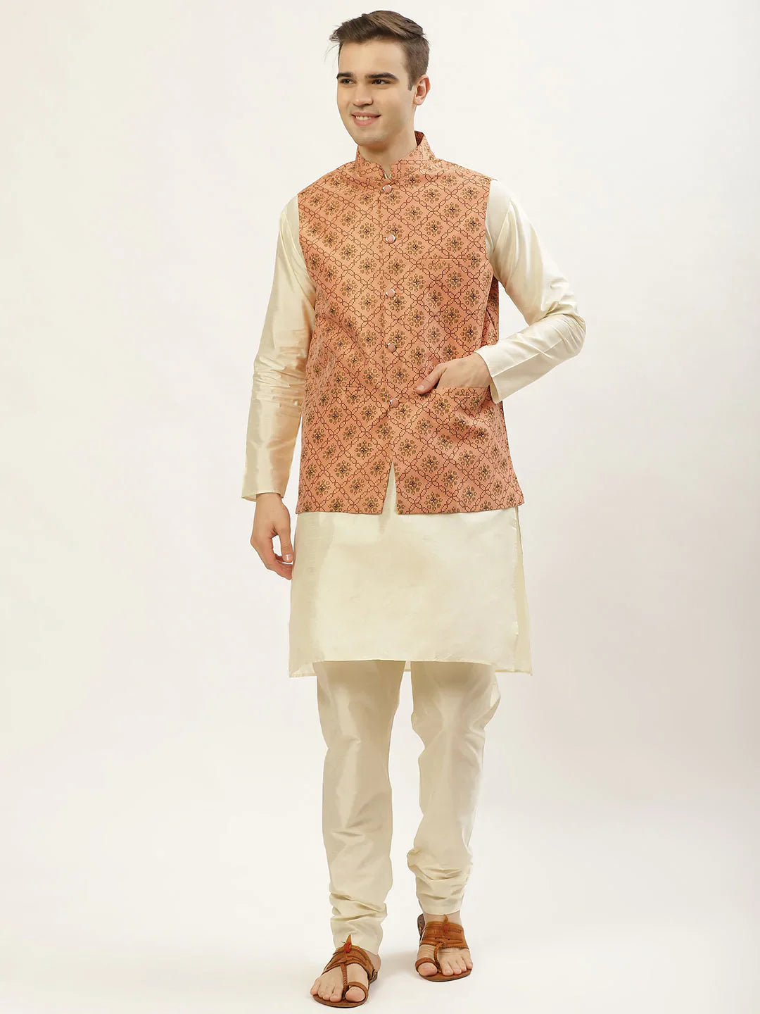 Jompers Men's Printed Nehru Jacket and Kurta Pyjama Set - Orange - Distacart