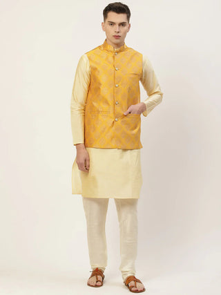 Jompers Men's Solid Kurta Pyjama With Floral Mustard Printed Nehru Jacket - Distacart