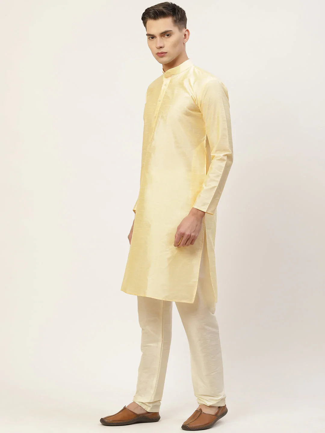Jompers Men's Solid Kurta Pyjama With Floral Mustard Printed Nehru Jacket - Distacart