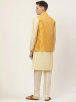 Thumbnail for Jompers Men's Solid Kurta Pyjama With Floral Mustard Printed Nehru Jacket - Distacart