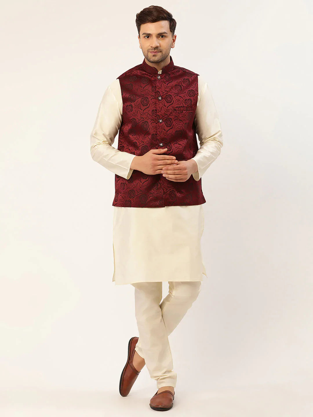 Jompers Men's Solid Kurta Pyjama With Maroon Floral Embroidered Nehru Jacket - Distacart