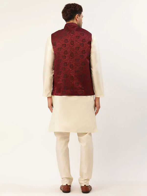 Jompers Men's Solid Kurta Pyjama With Maroon Floral Embroidered Nehru Jacket - Distacart