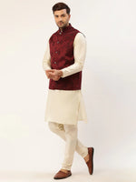 Thumbnail for Jompers Men's Solid Kurta Pyjama With Maroon Floral Embroidered Nehru Jacket - Distacart