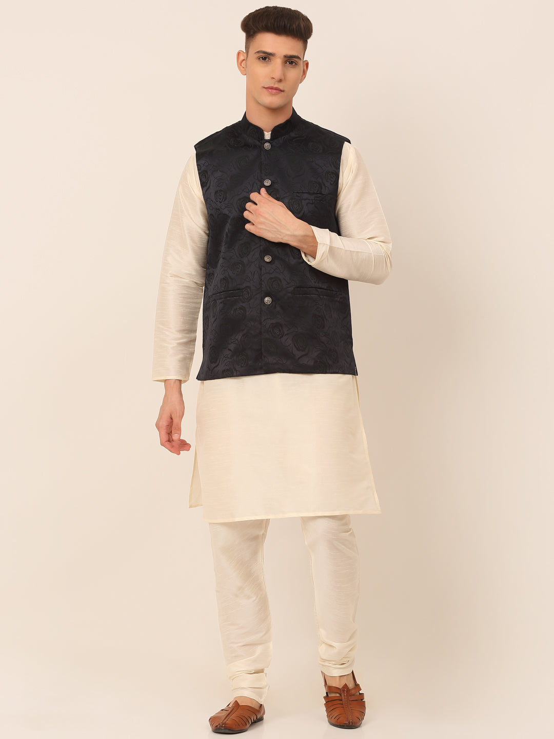 Jompers Men's Solid Kurta Pyjama With Floral Embroidered Nehru Jacket - Navy Blue - Distacart