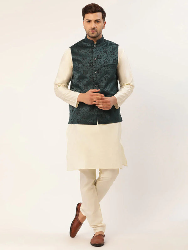 Jompers Men's Solid Kurta Pyjama With Teal Floral Embroidered Nehru Jacket - Distacart