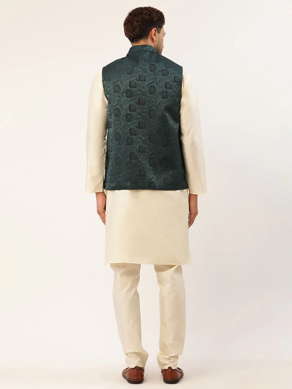 Jompers Men's Solid Kurta Pyjama With Teal Floral Embroidered Nehru Jacket - Distacart