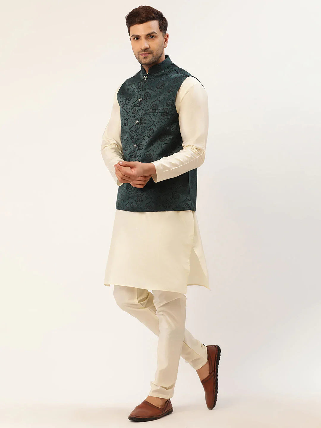 Jompers Men's Solid Kurta Pyjama With Teal Floral Embroidered Nehru Jacket - Distacart