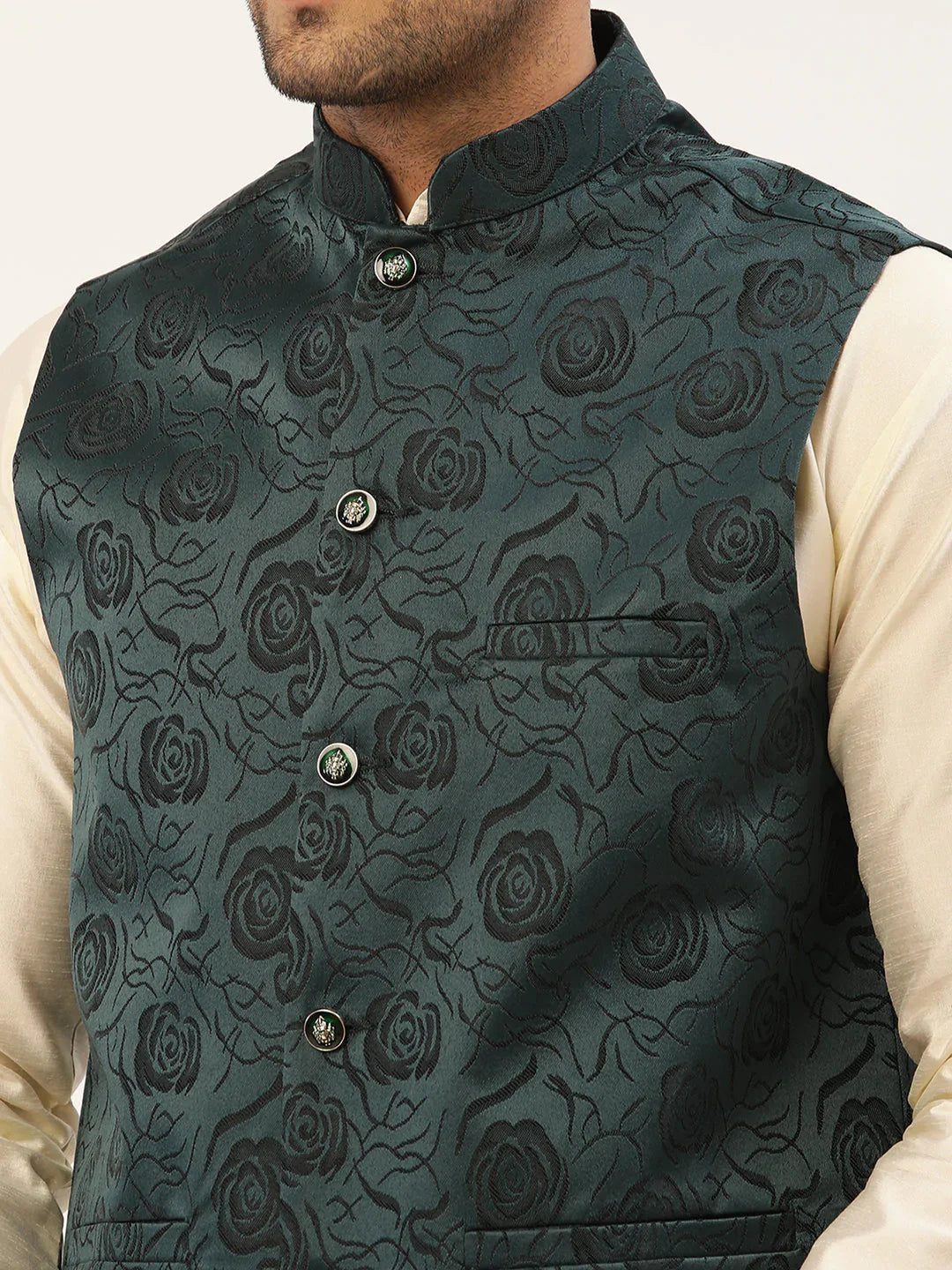 Jompers Men's Solid Kurta Pyjama With Teal Floral Embroidered Nehru Jacket - Distacart