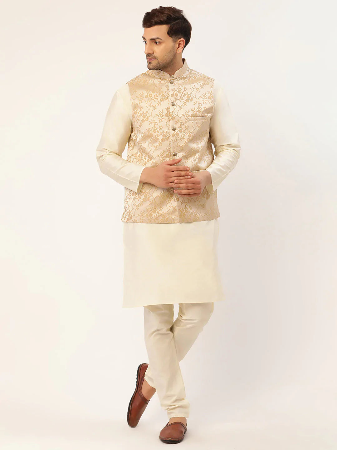 Jompers Men's Solid Kurta Pyjama With Beige Floral Embroidered Nehru Jacket - Distacart