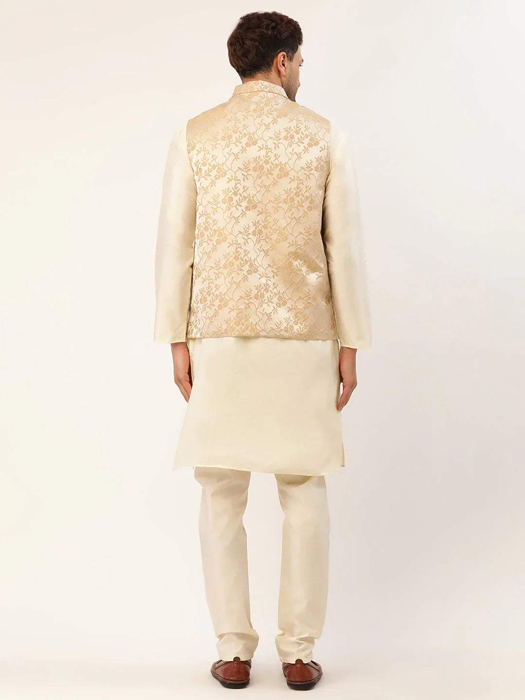 Jompers Men's Solid Kurta Pyjama With Beige Floral Embroidered Nehru Jacket - Distacart