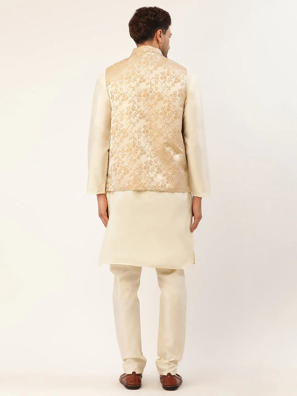Jompers Men's Solid Kurta Pyjama With Beige Floral Embroidered Nehru Jacket - Distacart