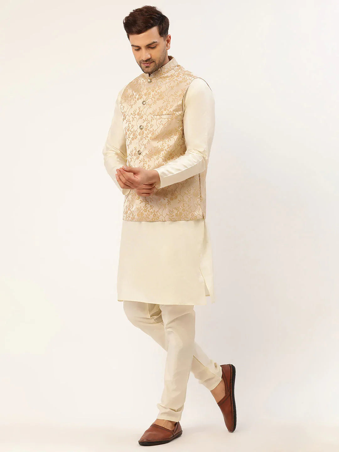 Jompers Men's Solid Kurta Pyjama With Beige Floral Embroidered Nehru Jacket - Distacart