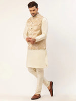 Thumbnail for Jompers Men's Solid Kurta Pyjama With Beige Floral Embroidered Nehru Jacket - Distacart
