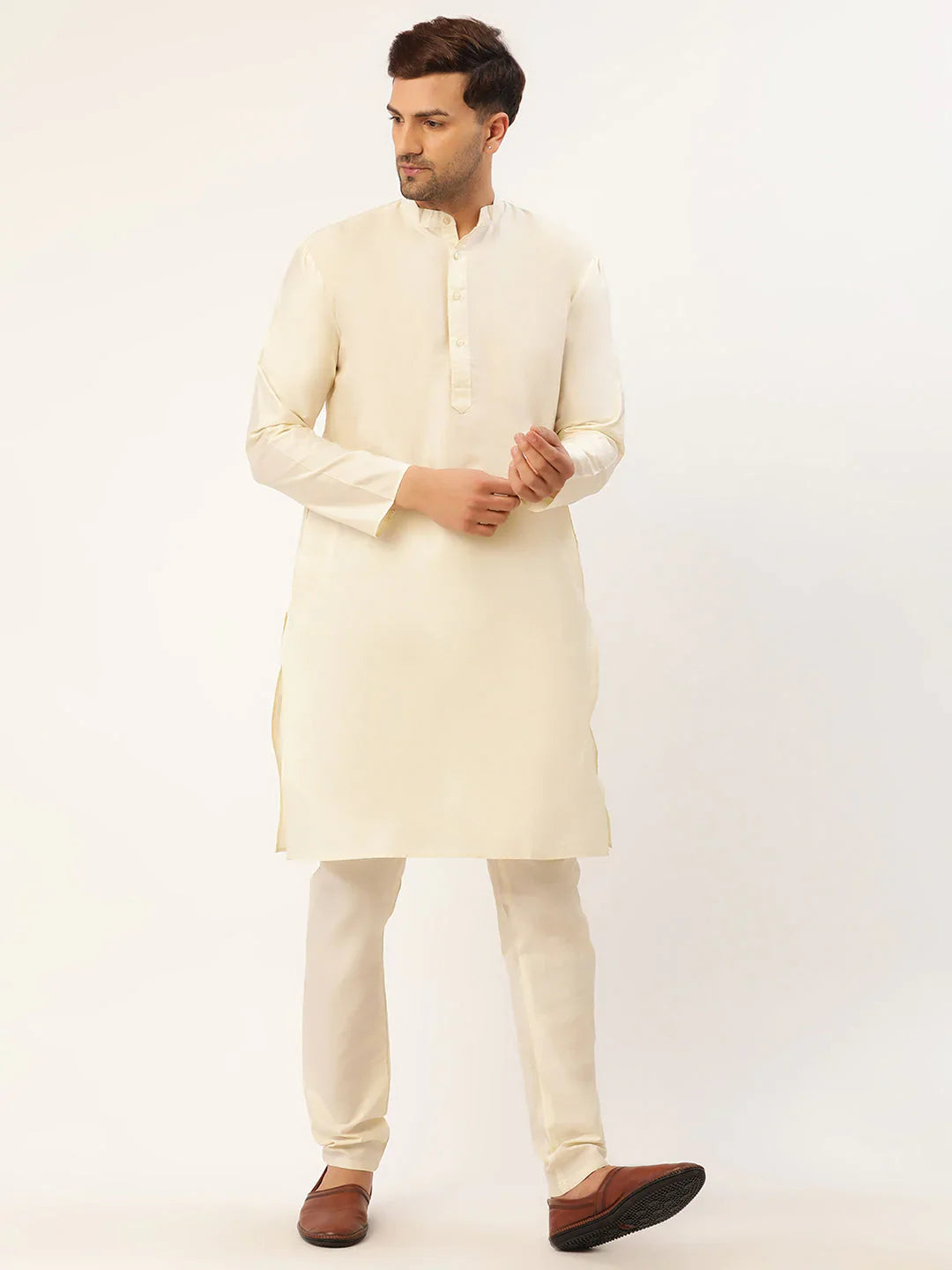 Jompers Men's Solid Kurta Pyjama With Beige Floral Embroidered Nehru Jacket - Distacart