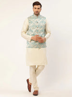 Thumbnail for Jompers Men's Solid Kurta Pyjama With Blue Floral Embroidered Nehru Jacket - Distacart