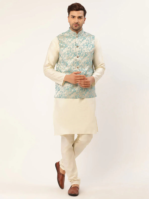 Jompers Men's Solid Kurta Pyjama With Blue Floral Embroidered Nehru Jacket - Distacart