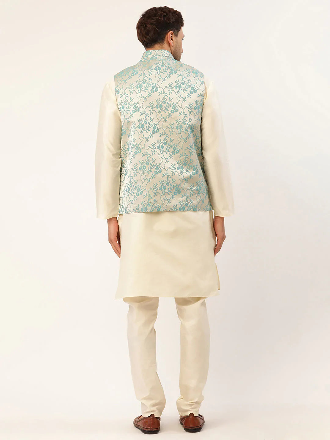 Jompers Men's Solid Kurta Pyjama With Blue Floral Embroidered Nehru Jacket - Distacart
