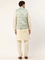 Thumbnail for Jompers Men's Solid Kurta Pyjama With Blue Floral Embroidered Nehru Jacket - Distacart