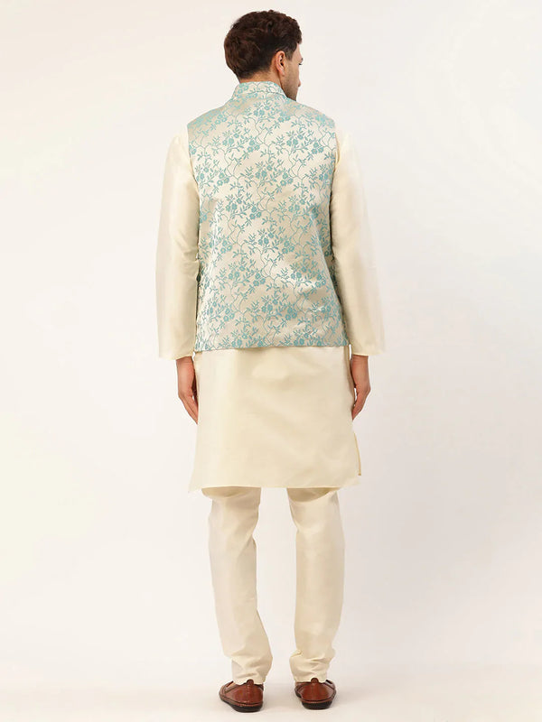 Jompers Men's Solid Kurta Pyjama With Blue Floral Embroidered Nehru Jacket - Distacart