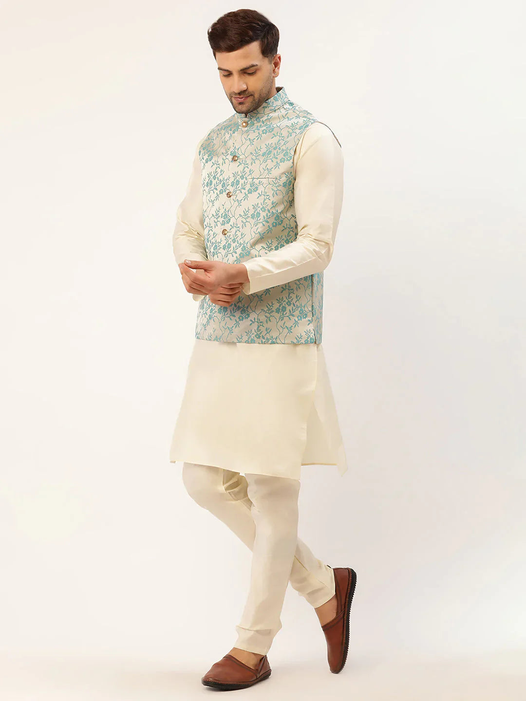 Jompers Men's Solid Kurta Pyjama With Blue Floral Embroidered Nehru Jacket - Distacart